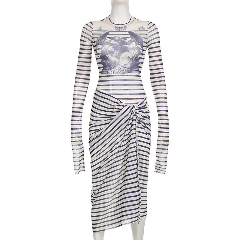Vintage Printing Gothic Punk Two Piece Sets Full Sleeve Striped Streetwear Dresses Slits O Neck Autumn Fashion Hot Sets