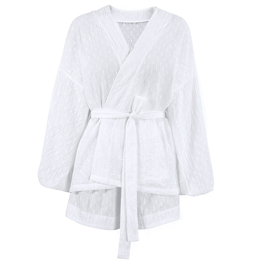Long Sleeve Robes Top Two Piece Sets Womens Outifits Autumn Casual White Home Suit Elegant Shorts Women'S Sets