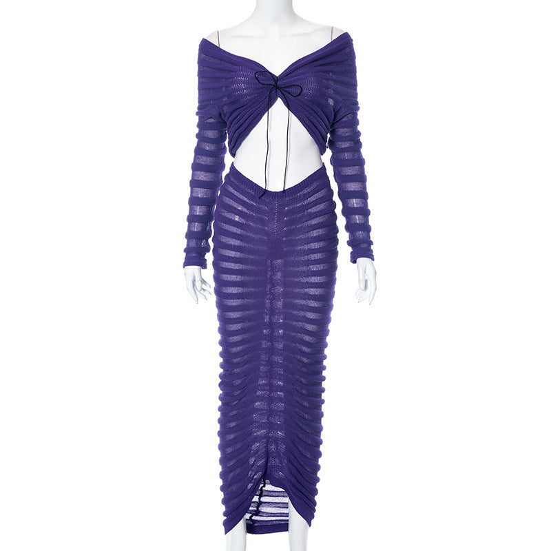 Autumn See Through Knitted Two Piece Sets Elegant Sexy Long Sleeve Bodycon Dress Sets Women Strapless Sweater Maxi Skirts