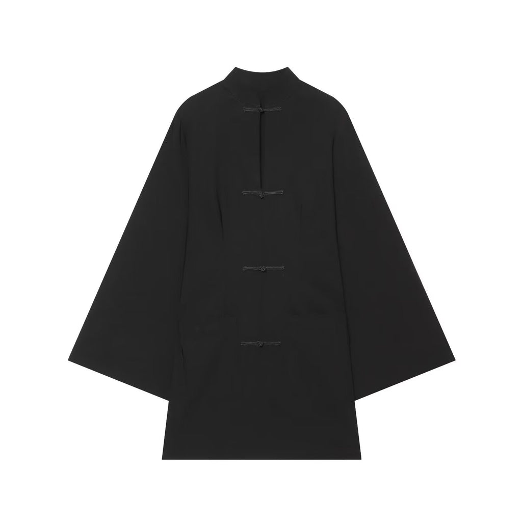 Stand-Collar Buckled Long Sleeve Dress