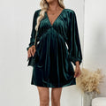 Lantern-Sleeve Deep V-Neck Velvet Dress