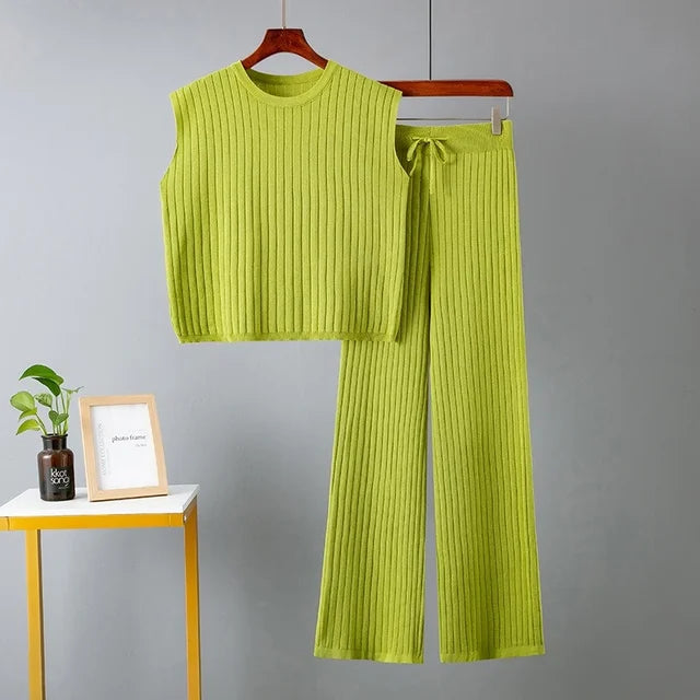 Two Piece Sets Sleeveless Knitted Suit Sweater Vest Women Outifits Wide Leg Trousers Tracksuit Beautiful two-piece set