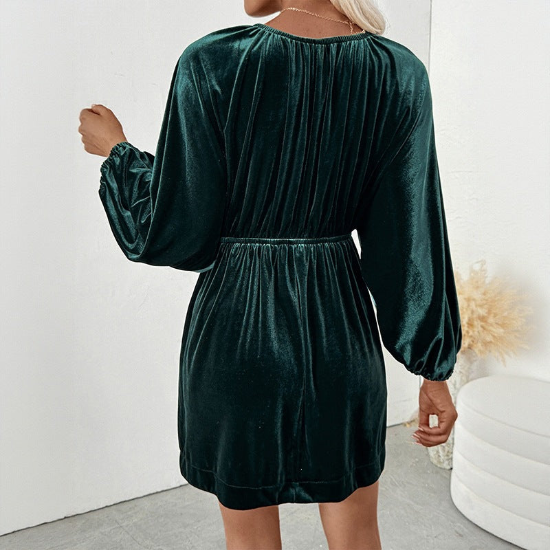 Lantern-Sleeve Deep V-Neck Velvet Dress