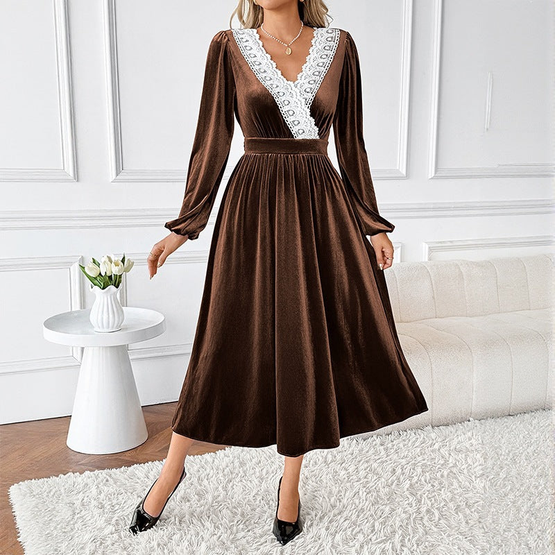Velvet Lace-Panel Maxi Dress