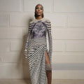 Vintage Printing Gothic Punk Two Piece Sets Full Sleeve Striped Streetwear Dresses Slits O Neck Autumn Fashion Hot Sets