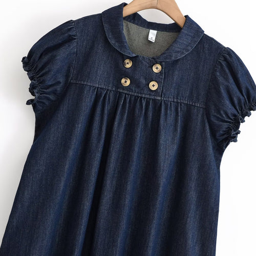 Denim Bubble-Sleeve Doll Collar Dress