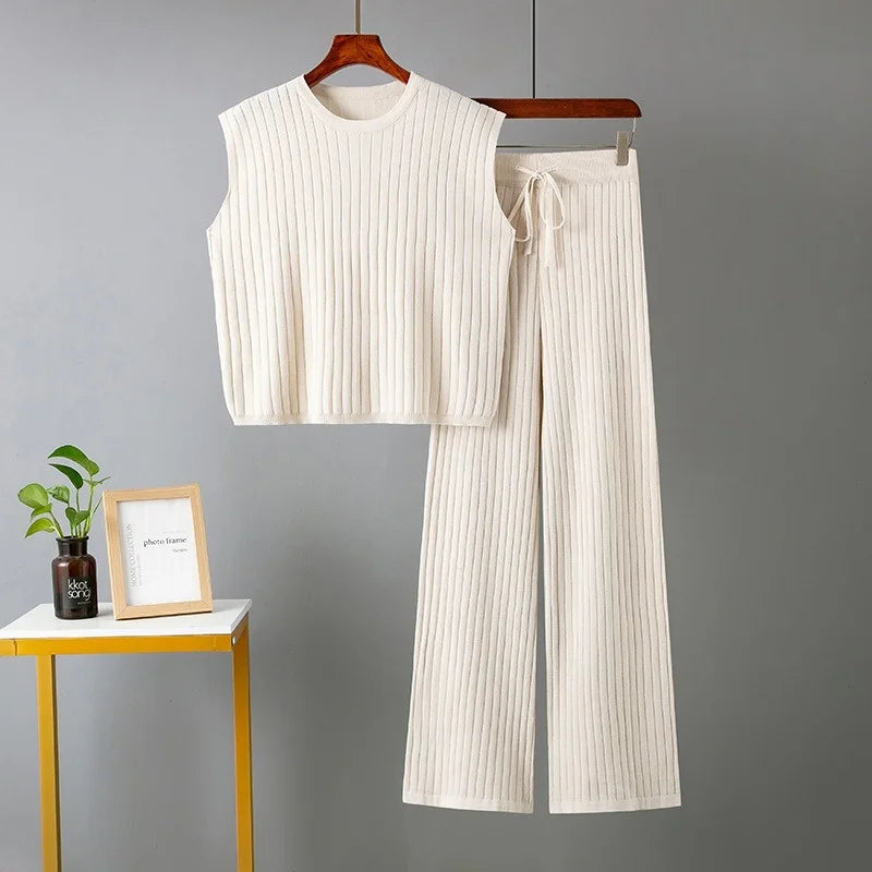 Two Piece Sets Sleeveless Knitted Suit Sweater Vest Women Outifits Wide Leg Trousers Tracksuit Beautiful two-piece set