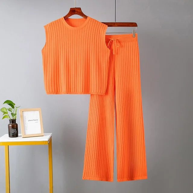 Two Piece Sets Sleeveless Knitted Suit Sweater Vest Women Outifits Wide Leg Trousers Tracksuit Beautiful two-piece set