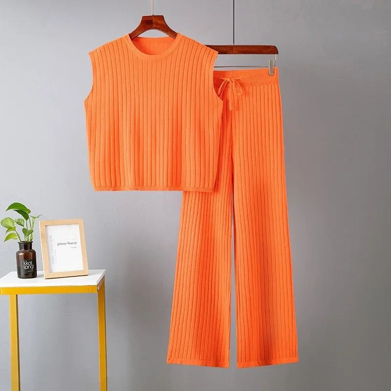Two Piece Sets Sleeveless Knitted Suit Sweater Vest Women Outifits Wide Leg Trousers Tracksuit Beautiful two-piece set