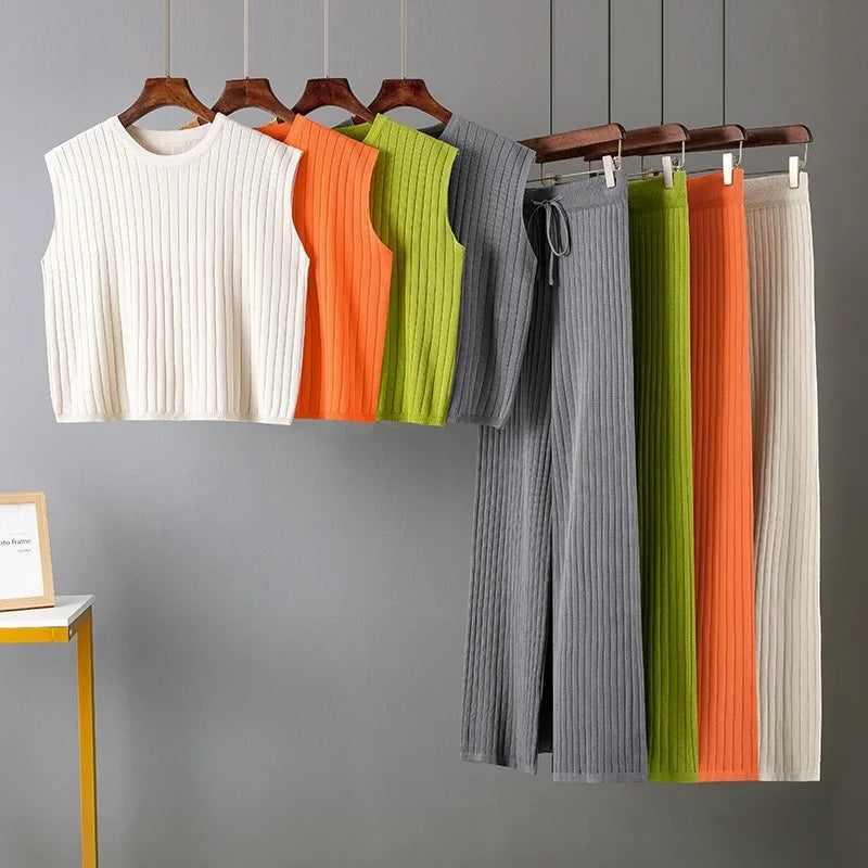 Two Piece Sets Sleeveless Knitted Suit Sweater Vest Women Outifits Wide Leg Trousers Tracksuit Beautiful two-piece set