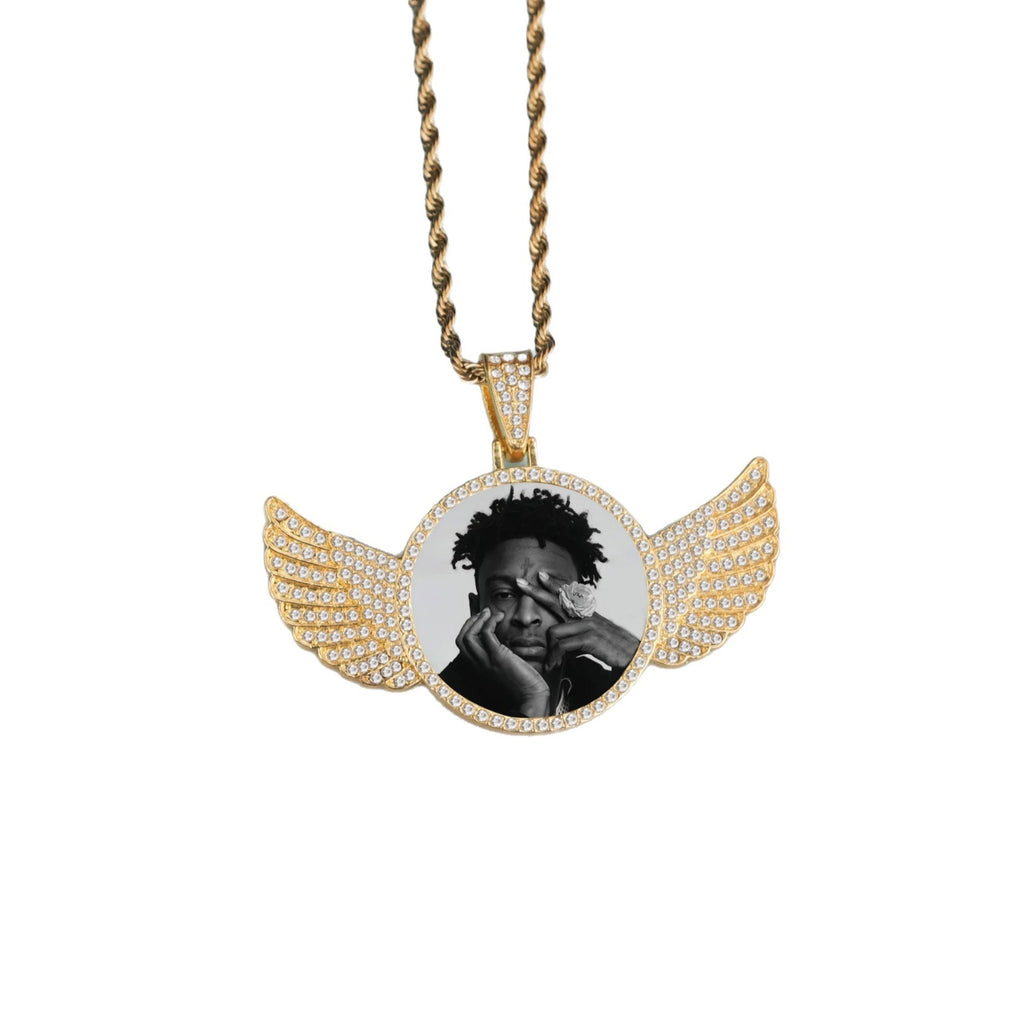 Custom-Made, Ships in 1-2 Days diamond studded hip-hop memory angel wings circular photo pendant frame necklace