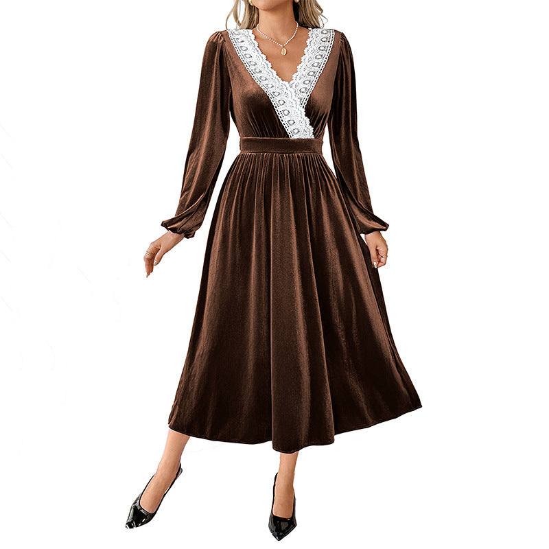 Velvet Lace-Panel Maxi Dress