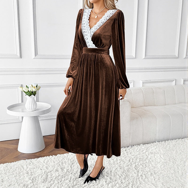 Velvet Lace-Panel Maxi Dress