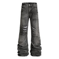Stacked wrinkled ripped denim bell bottoms