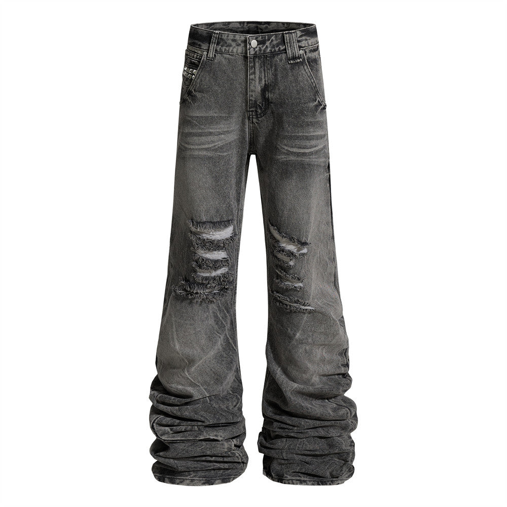 Stacked wrinkled ripped denim bell bottoms
