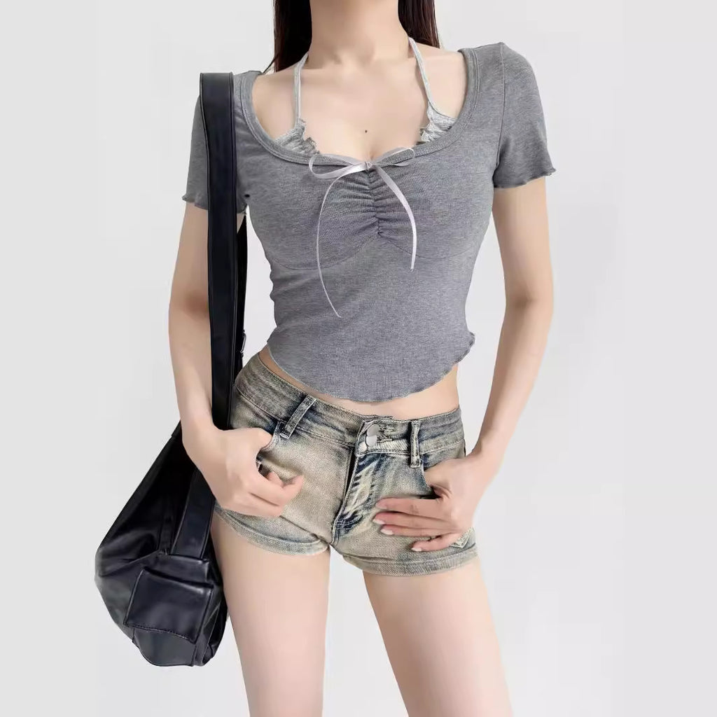 Fake two bow tie tops for women