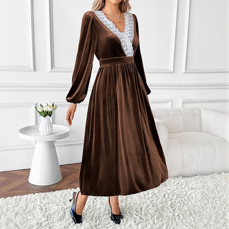 Velvet Lace-Panel Maxi Dress