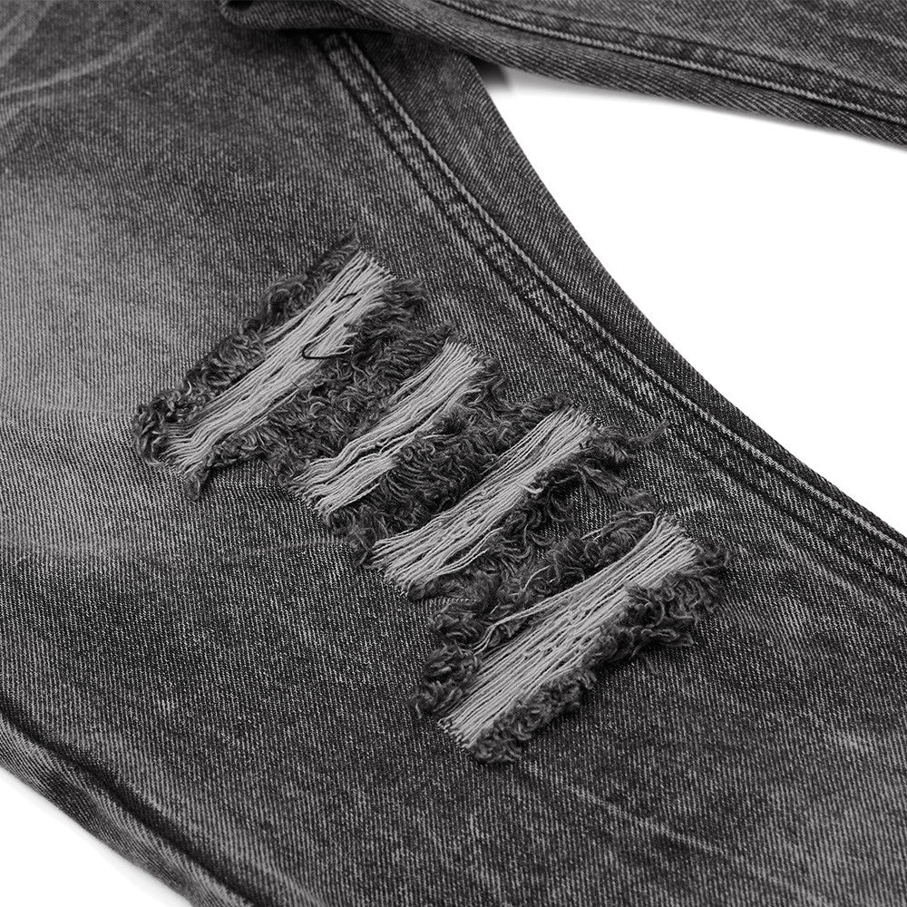 Stacked wrinkled ripped denim bell bottoms
