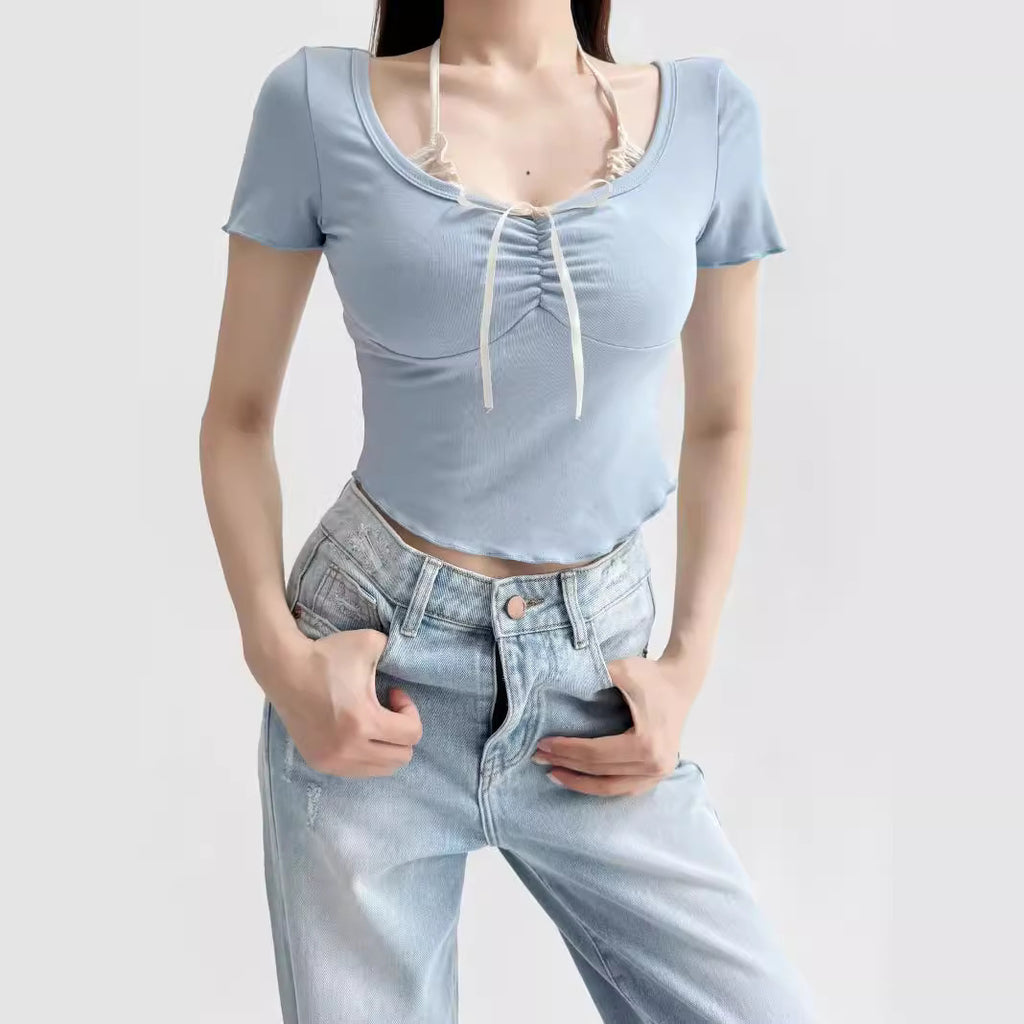Fake two bow tie tops for women