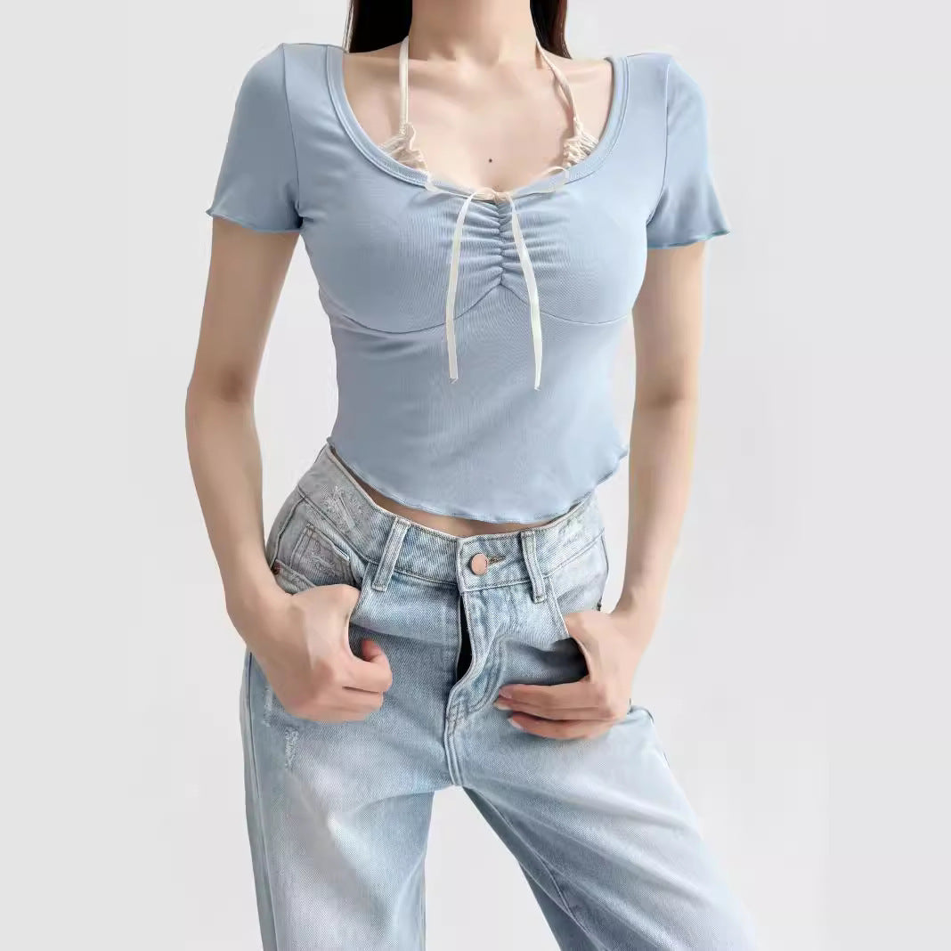 Fake two bow tie tops for women