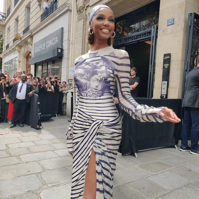 Vintage Printing Gothic Punk Two Piece Sets Full Sleeve Striped Streetwear Dresses Slits O Neck Autumn Fashion Hot Sets