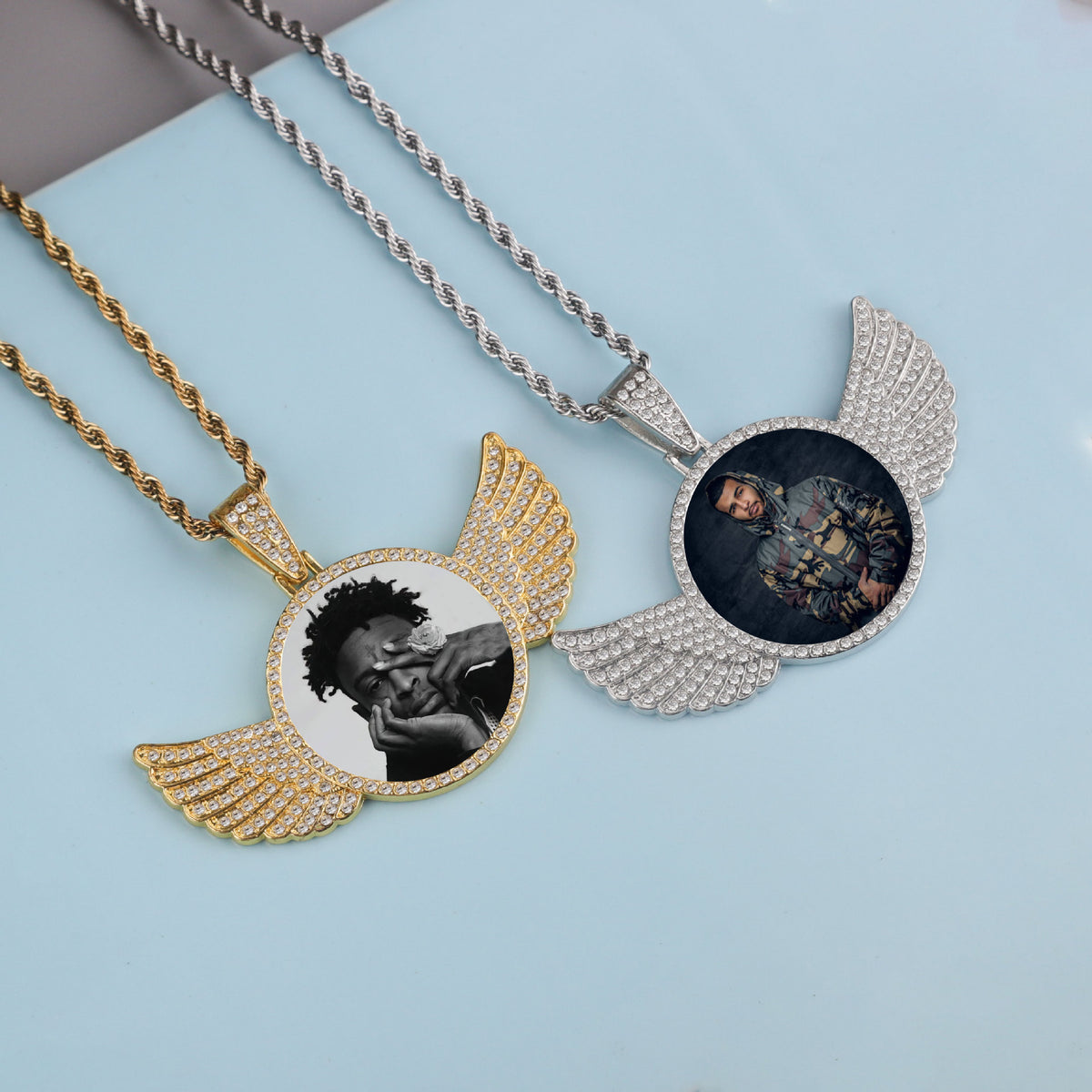 Custom-Made, Ships in 1-2 Days diamond studded hip-hop memory angel wings circular photo pendant frame necklace