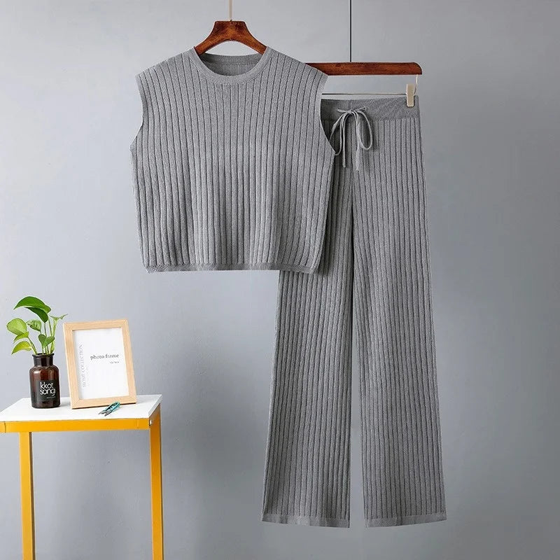 Two Piece Sets Sleeveless Knitted Suit Sweater Vest Women Outifits Wide Leg Trousers Tracksuit Beautiful two-piece set