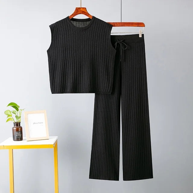 Two Piece Sets Sleeveless Knitted Suit Sweater Vest Women Outifits Wide Leg Trousers Tracksuit Beautiful two-piece set