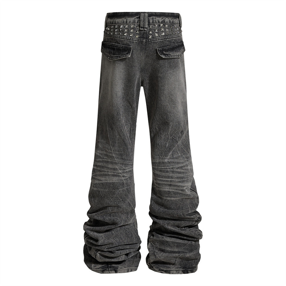 Stacked wrinkled ripped denim bell bottoms