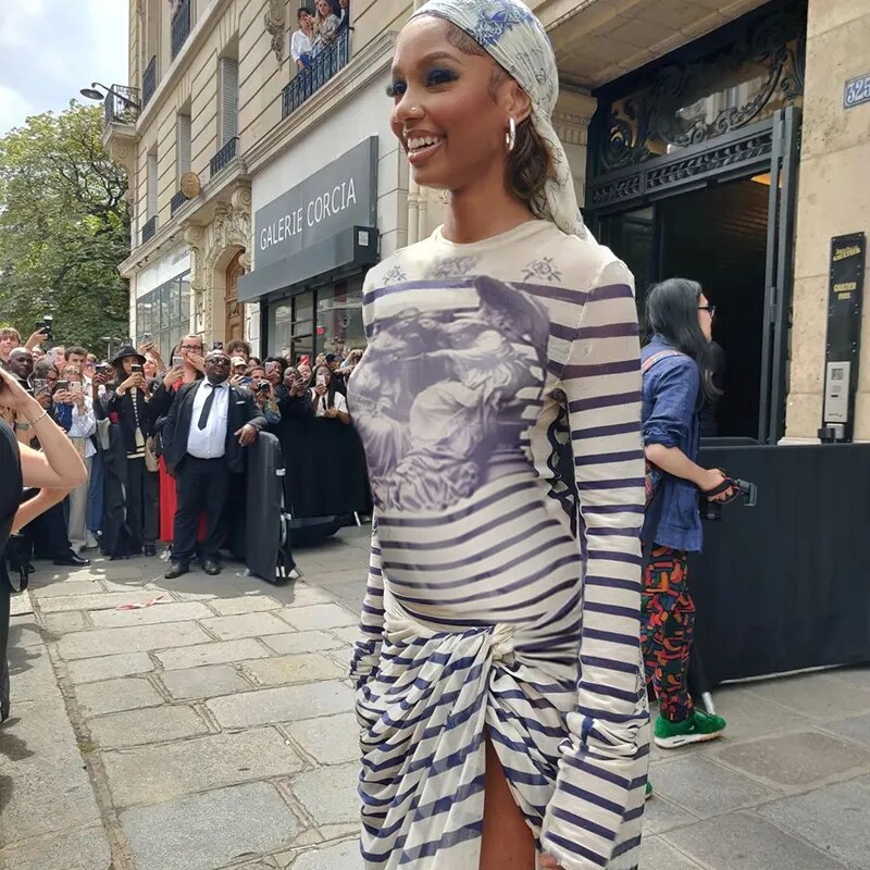 Vintage Printing Gothic Punk Two Piece Sets Full Sleeve Striped Streetwear Dresses Slits O Neck Autumn Fashion Hot Sets