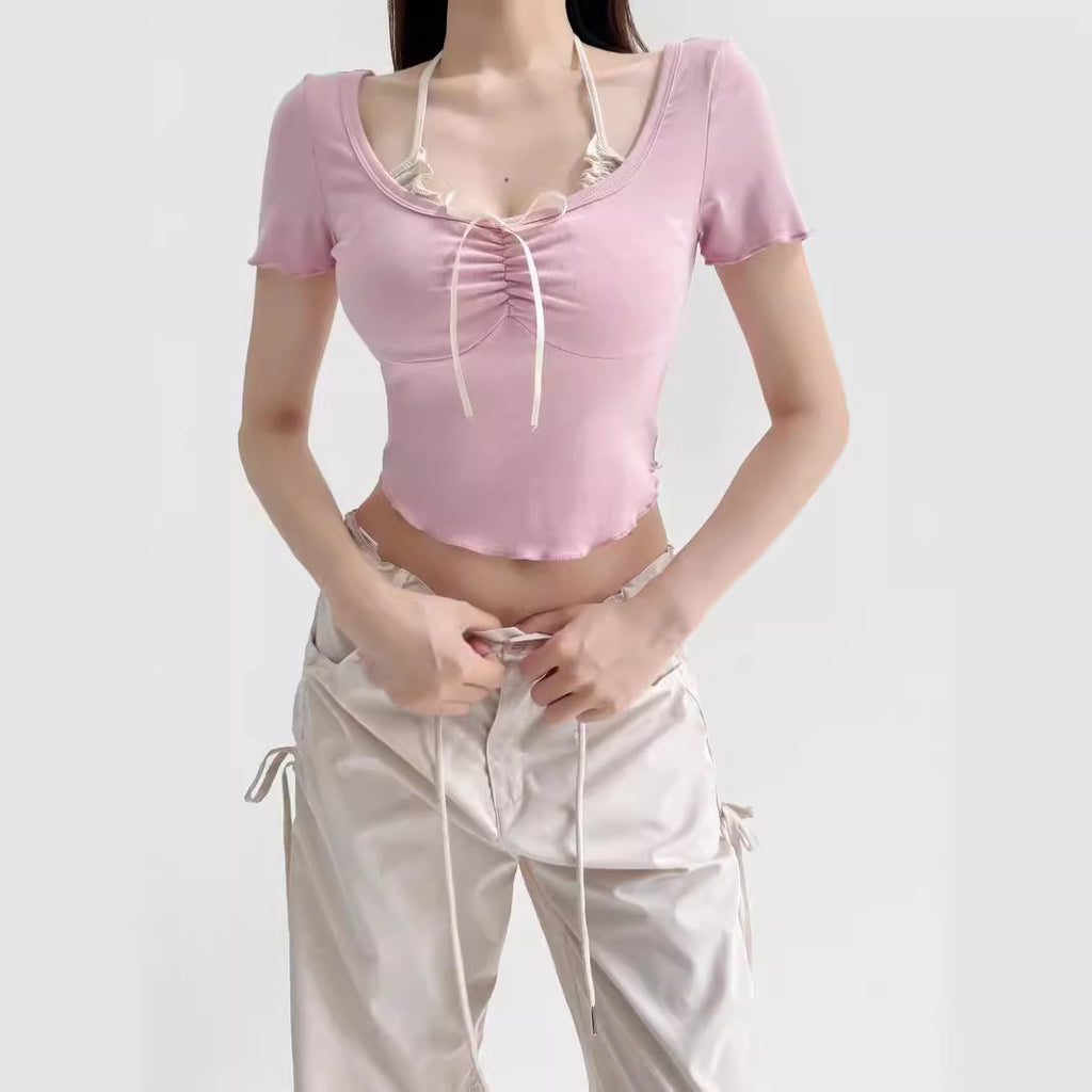 Fake two bow tie tops for women