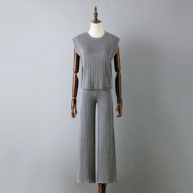 Two Piece Sets Sleeveless Knitted Suit Sweater Vest Women Outifits Wide Leg Trousers Tracksuit Beautiful two-piece set