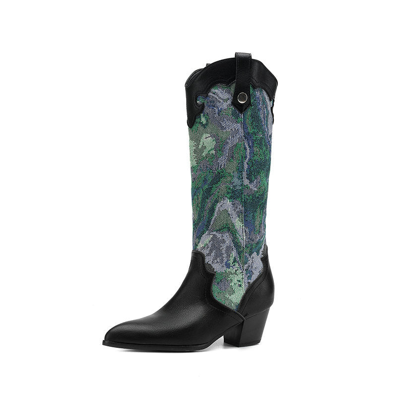 Retro Ethnic Style Patchwork Pointed Toe Western Boots  Chunky Heel High Shaft Western Cowboy Boots Made to order, ships in 7 days