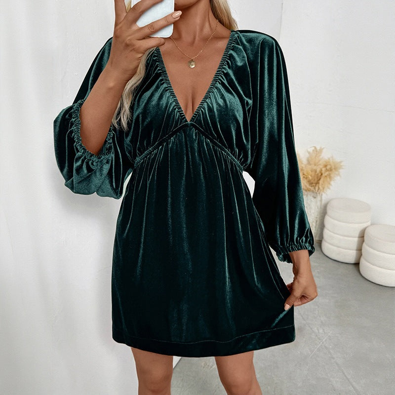 Lantern-Sleeve Deep V-Neck Velvet Dress