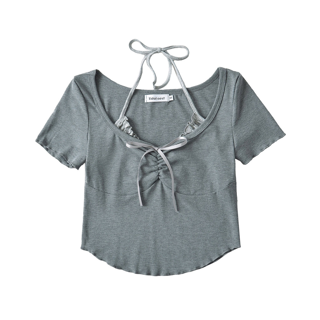 Fake two bow tie tops for women