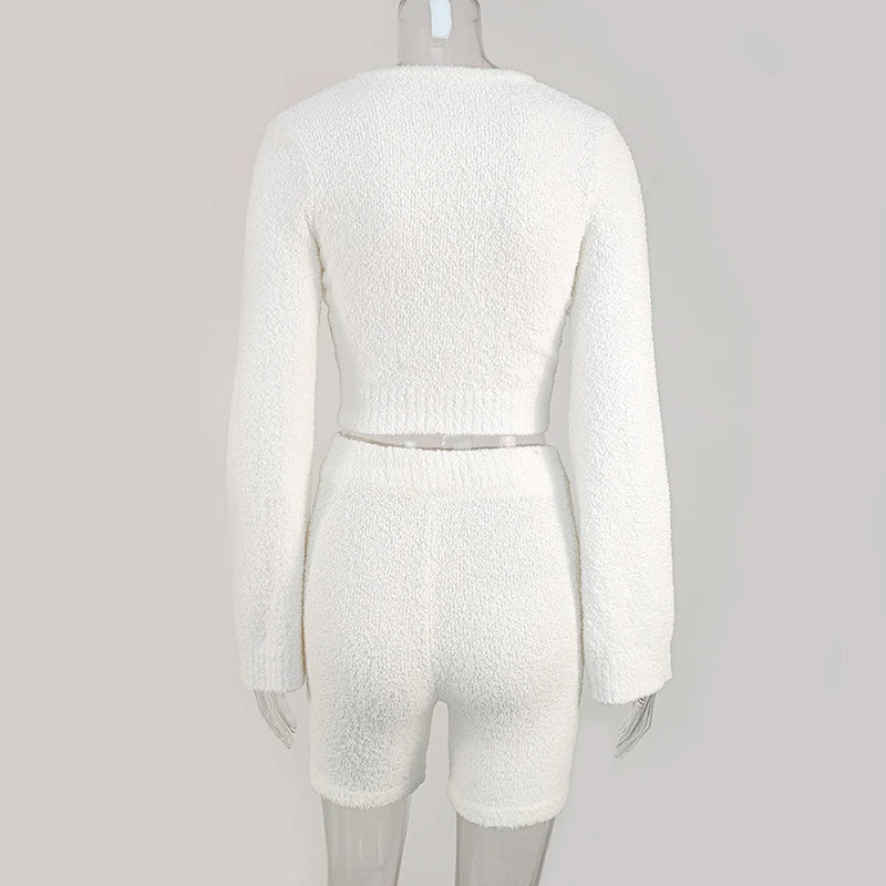 Casual Two Piece Sets Flare Sleeve Sweatshirts 2 Piece Shorts Set Sexy Fluffy Suits Lounge Set