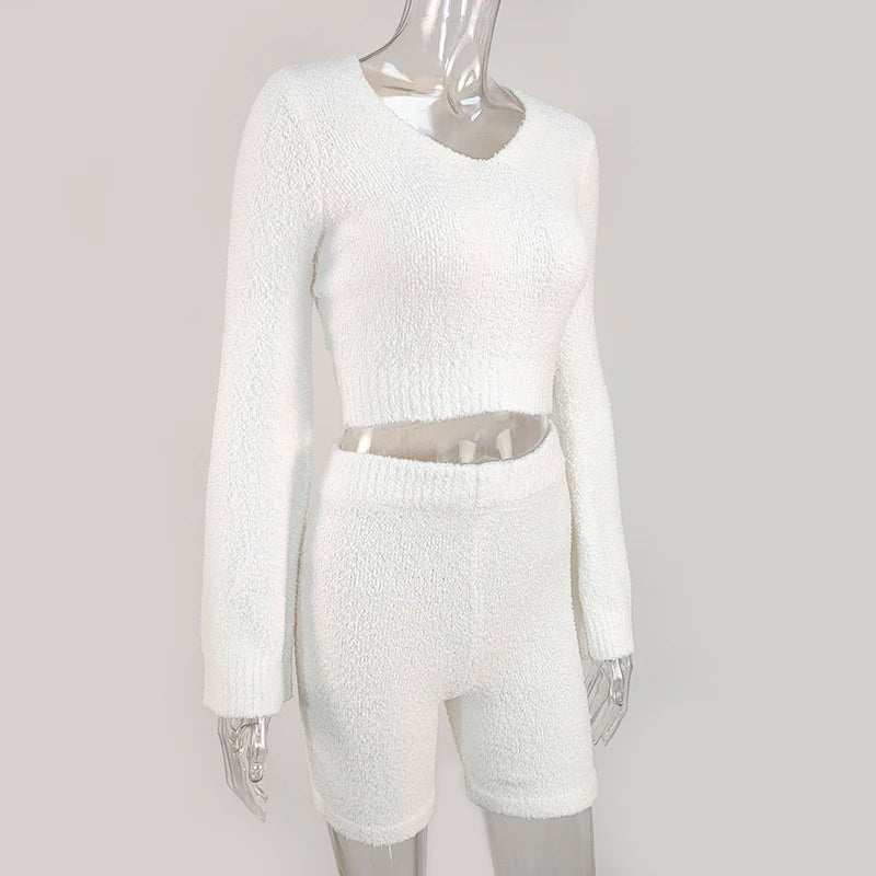 Casual Two Piece Sets Flare Sleeve Sweatshirts 2 Piece Shorts Set Sexy Fluffy Suits Lounge Set